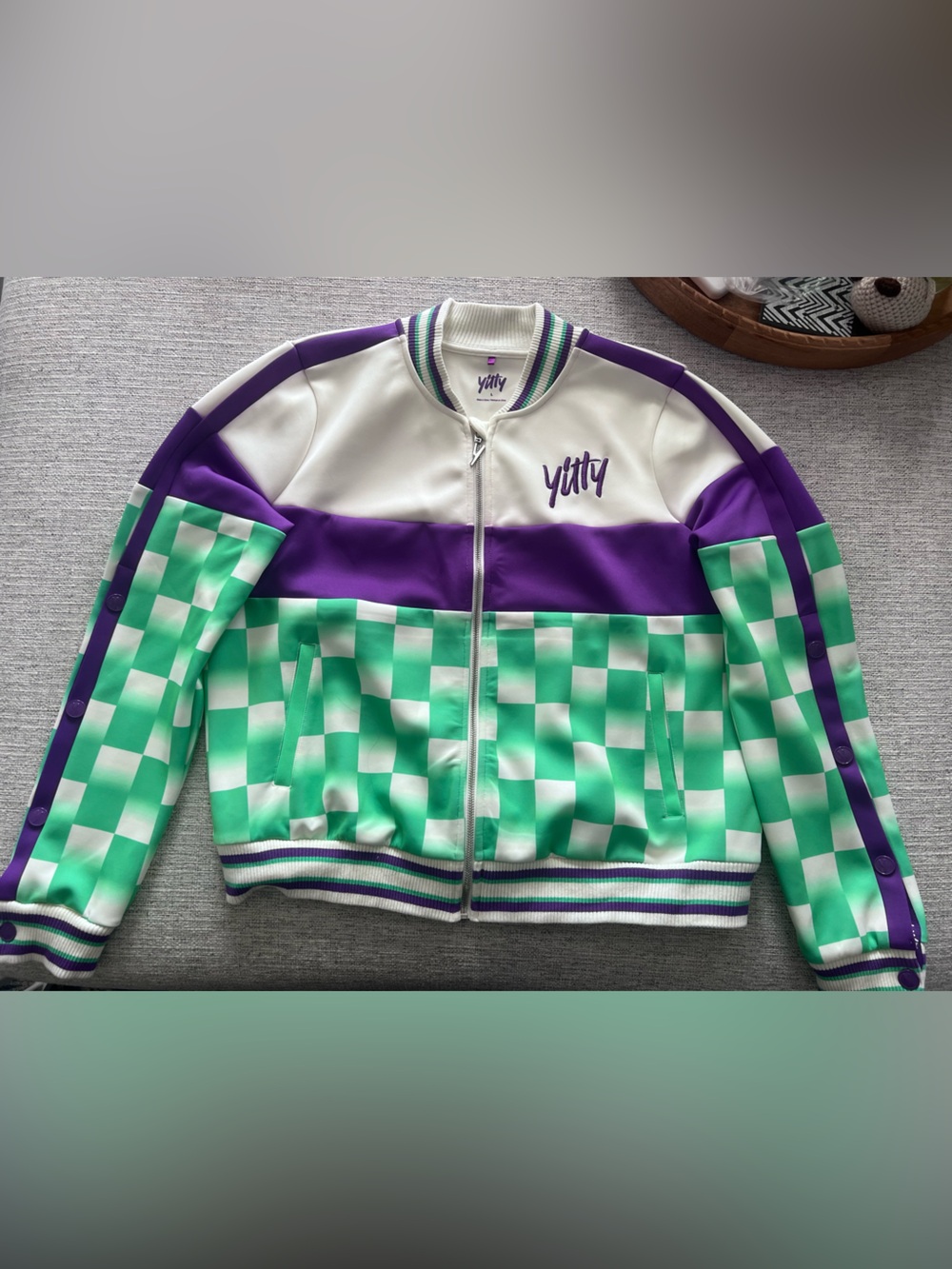 YITTY Green Checkerboard Jacket with Purple Accents